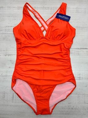 SHAPERIN Tummy Control V Neck Bathing Suit Ruched Push Up Padded Swimwear large